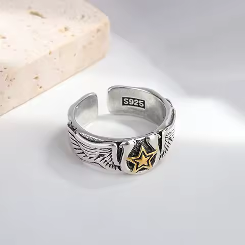 New Arrival Retro Eagle's Wings Star Design Thai Silver Men Hip Hop Punk Party Ring Jewelry For Male Christmas Gifts No Fade
