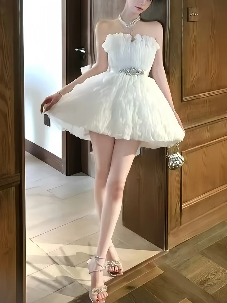 Luxury Bow Diamonds Chest Hugging Dresses Spring Women White Sleeveless Mini Dress New Summer High Waist Lace Up Strapless Dress