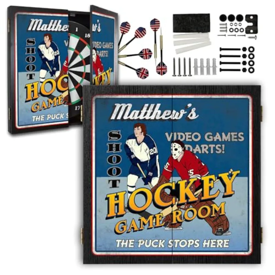 

Personalized Dart Board Cabinet Set with 6 Steel Tip Darts Paper Dartboard Chalk Eraser 21.5 x 21.5 x 2.75 in Man Cave Dart Boa