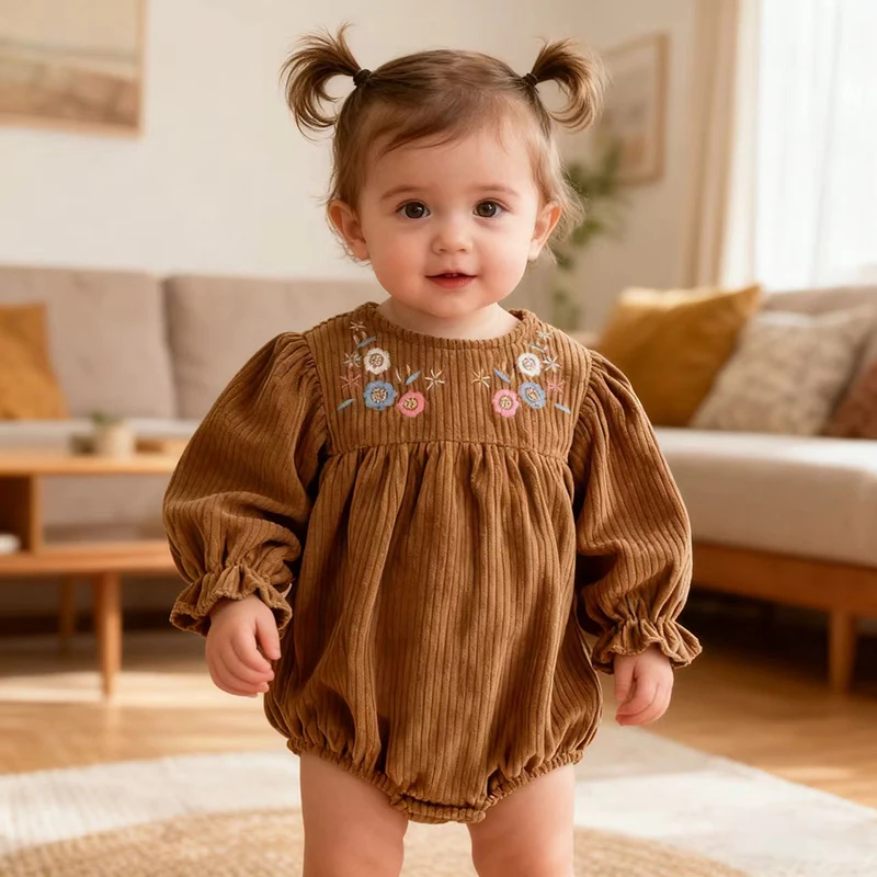 

Spring Autumn Newborn Baby Girls Bodysuit Long Sleeved Solid Color Cotton Korean Style Embroidered Flower 0-24M ChildrenClothes