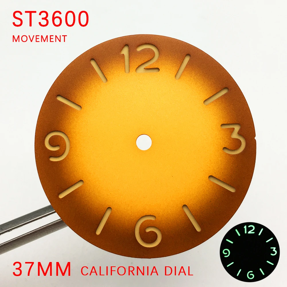 Watch Parts 37mm California Manual Winding Yellow Gradient Watch Literally Aseptic Dial For ETA 6497 ST3600 Caliber Luminous