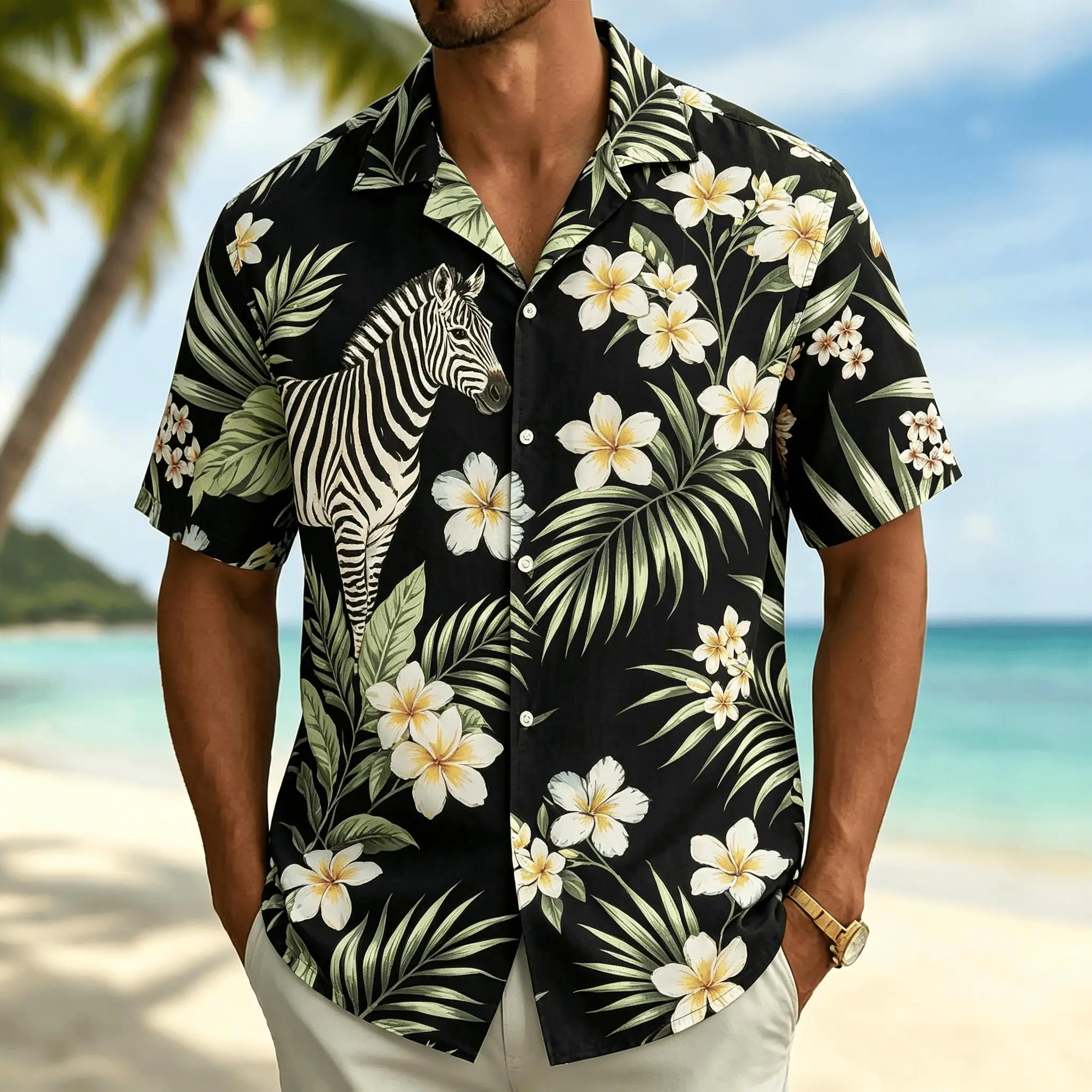 Men's Black Tropical Zebra Print Short Sleeve Shirt, Casual Hawaiian Button Down Top with Plumeria Flowers for Spring Summer