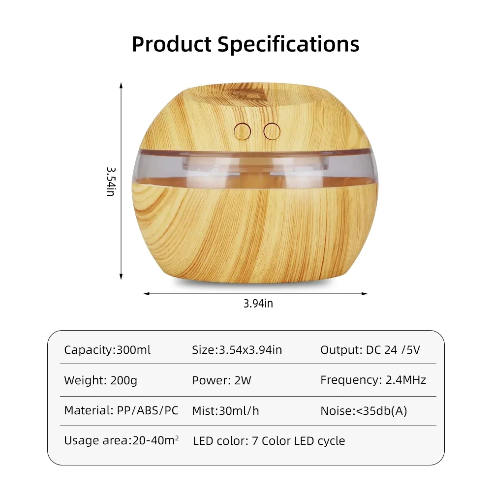 مرطب حبوب الخشب USB سعة 300 مل مع زيتين أساسيين، 7 مصابيح LED ملونة، هادئ للغاية، إيقاف تلقائي