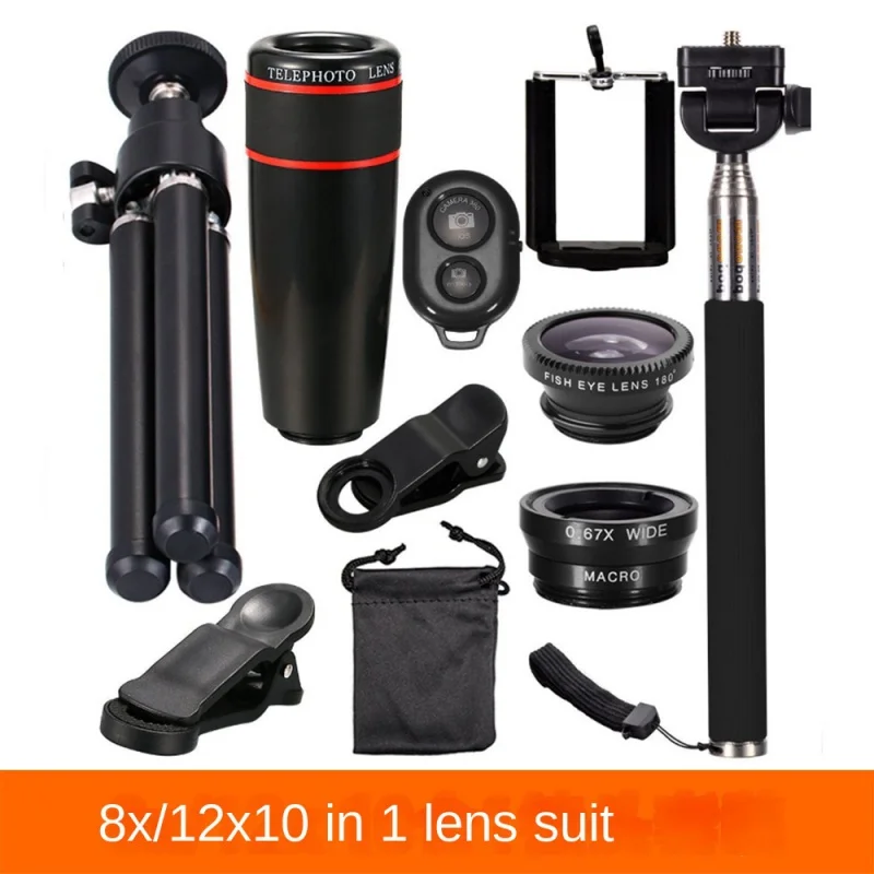 10 In 1 12X/8X Telephoto Lens Three-In-One Fish Eye Lente Wide Angle Macro Mobile Phone Camera Lens For IPhone Selfie Stick