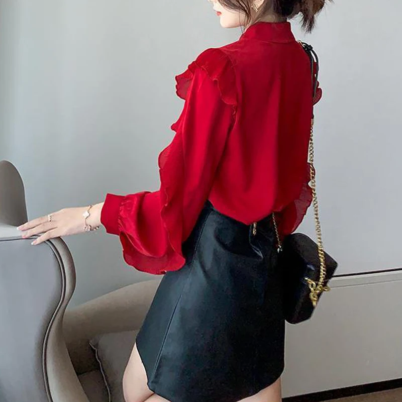 Women Red Ruffle Elegant Chic Sweet Fashion Button Up Shirt Casual Turn Down Collar Long Sleeve Blouse Top Blusas Mujer Clothes