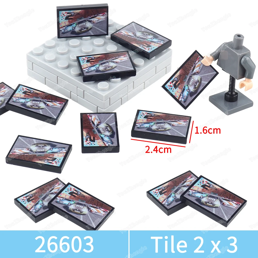 Blocs de construction de voiture de course électronique, carreaux imprimés, Base 2x3, 26603 figurines MOC, jeu de scène de course de rue, pièces, modèles de jouets