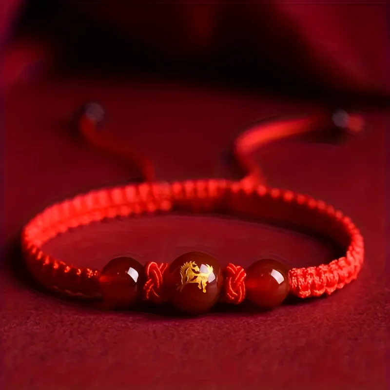 Zodiac Horse Red String Bracelet with Gold Pattern Adjustable Drawstring Lucky Cultural Accessory for Jewelry Fans