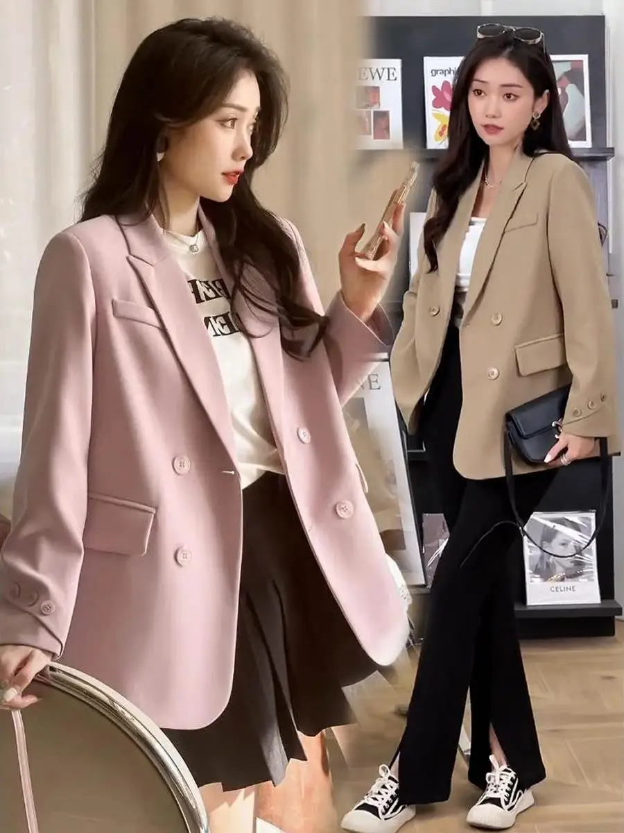 

Розовый повседневный свободный женский пиджак малого размера в корейском стиле, модный, весенняя новинка, в стиле «Нежный ветер», с длинными рукавами