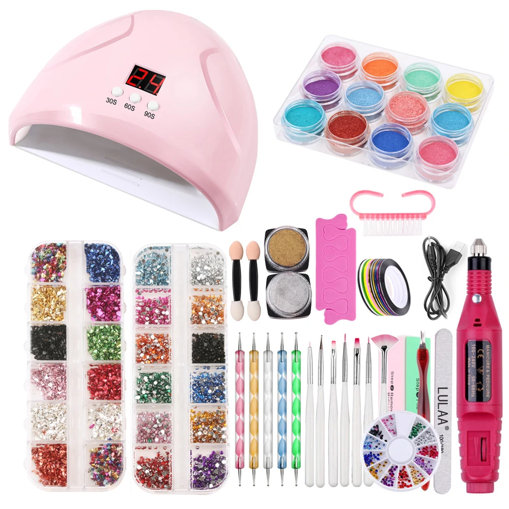 Yikolin-ネイルアートアクセサリー,アクリルグリッターネイルパーツ,クリスタルラインストーンデコレーションツール,UV LEDランプ付きネイルドリルマシン