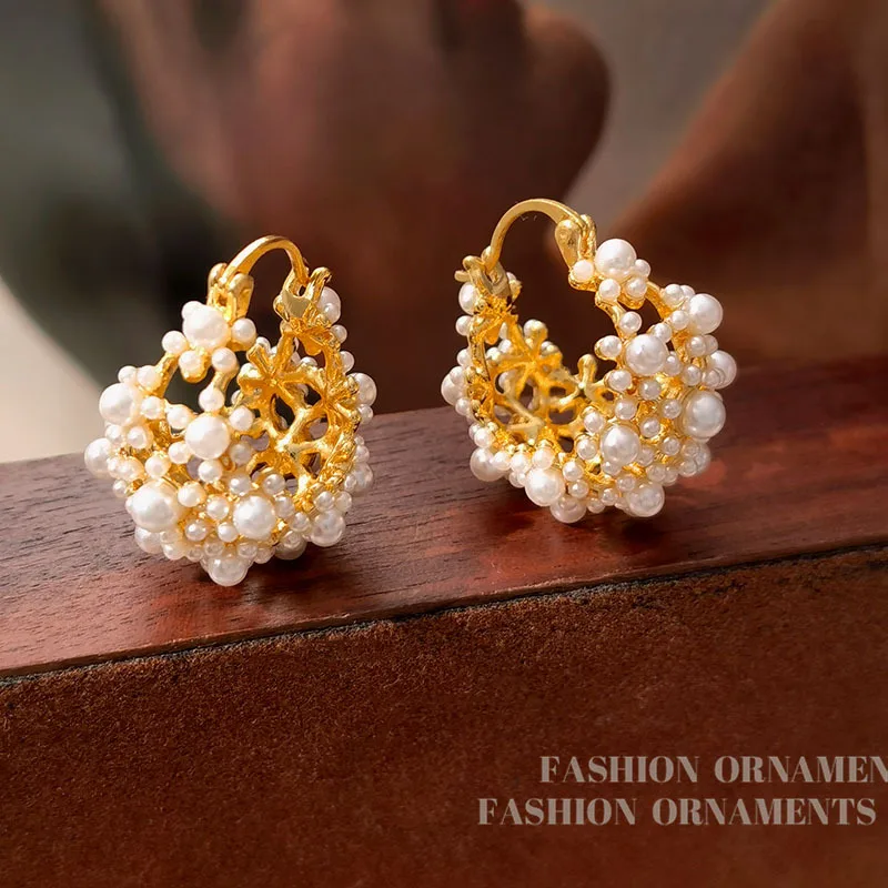 Fashion Jewelry Vintage Temperament Simulated Pearl Flower Basket Earrings For Women Female Gifts Delicate Design Accessories