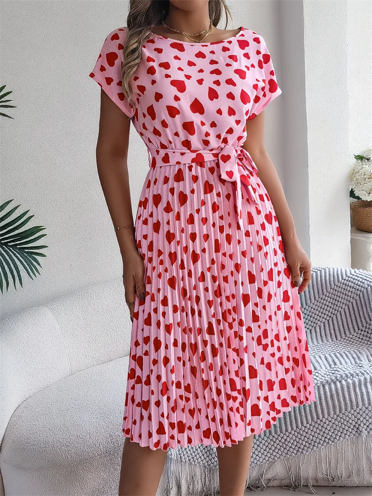 Elegante hartprint veterjurk zomer dames ronde hals geplooide middellange lange jurk - afbeelding 1