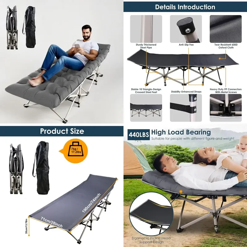 Foldable Camping Bed with Thick Foam Mattress, Portable Outdoor Lounge Chair for Garden Beach Travel, Comfortable & Lightweight