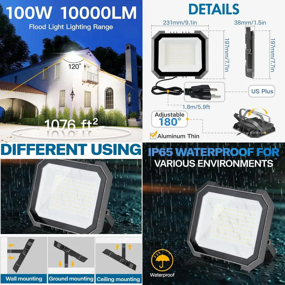 

Светодиодный уличный прожектор 100 Вт, 10000 лм, 6000K дневной свет, IP65 водонепроницаемый, идеально подходит для двора, сада, гаража