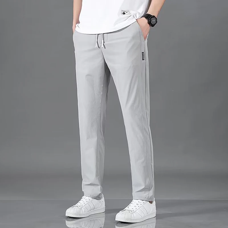 Men\'s Ice Silk Trousers Solid Color Mid-Waist Loose Breathable Straight-Leg Casual Pants Thin Quick-Drying Sports Clothing