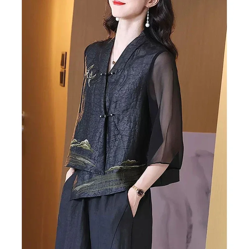 Women Silk Vintage Embroidered Asymmetrical Blouses Spring Summer Elegant Chinese Style Design Cardigan Shirts Blusa Mujer Moda