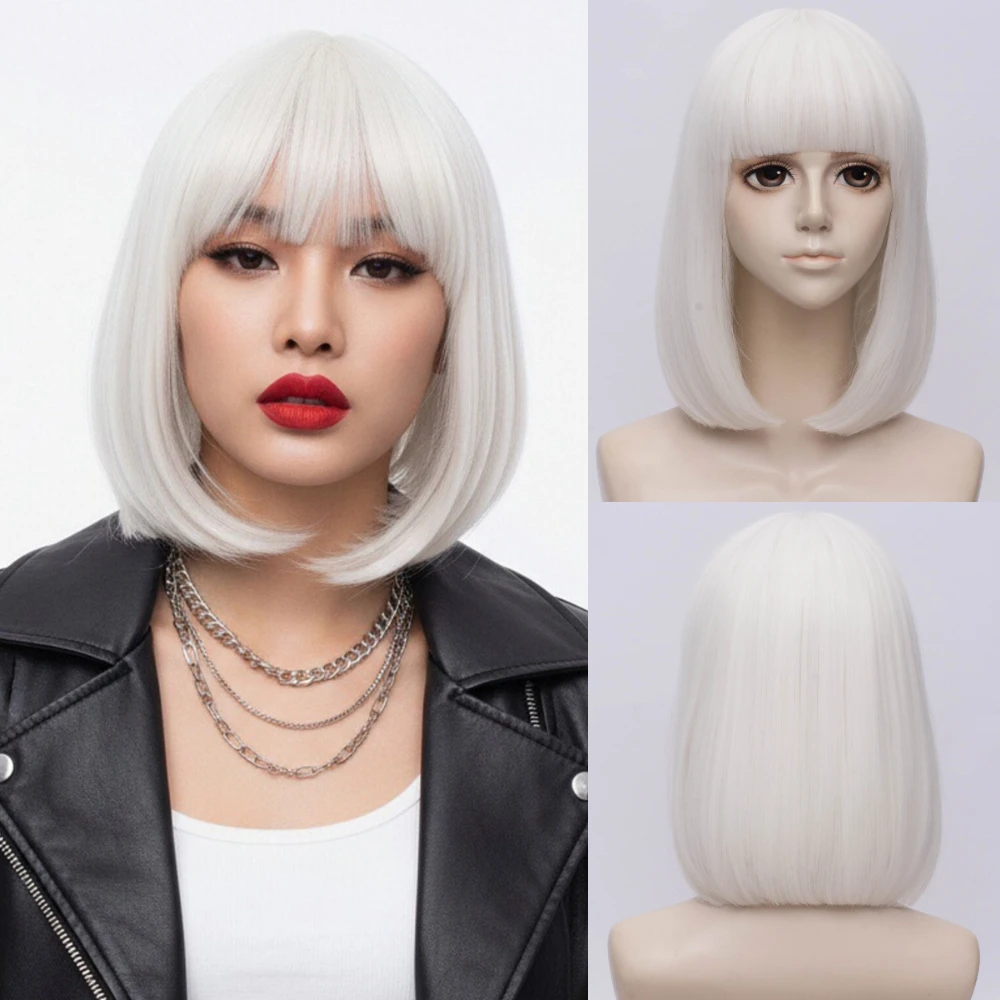 Women Synthetic Straight Cosplay White Wig Short Bob Hair With Bangs Anime Halloween Party