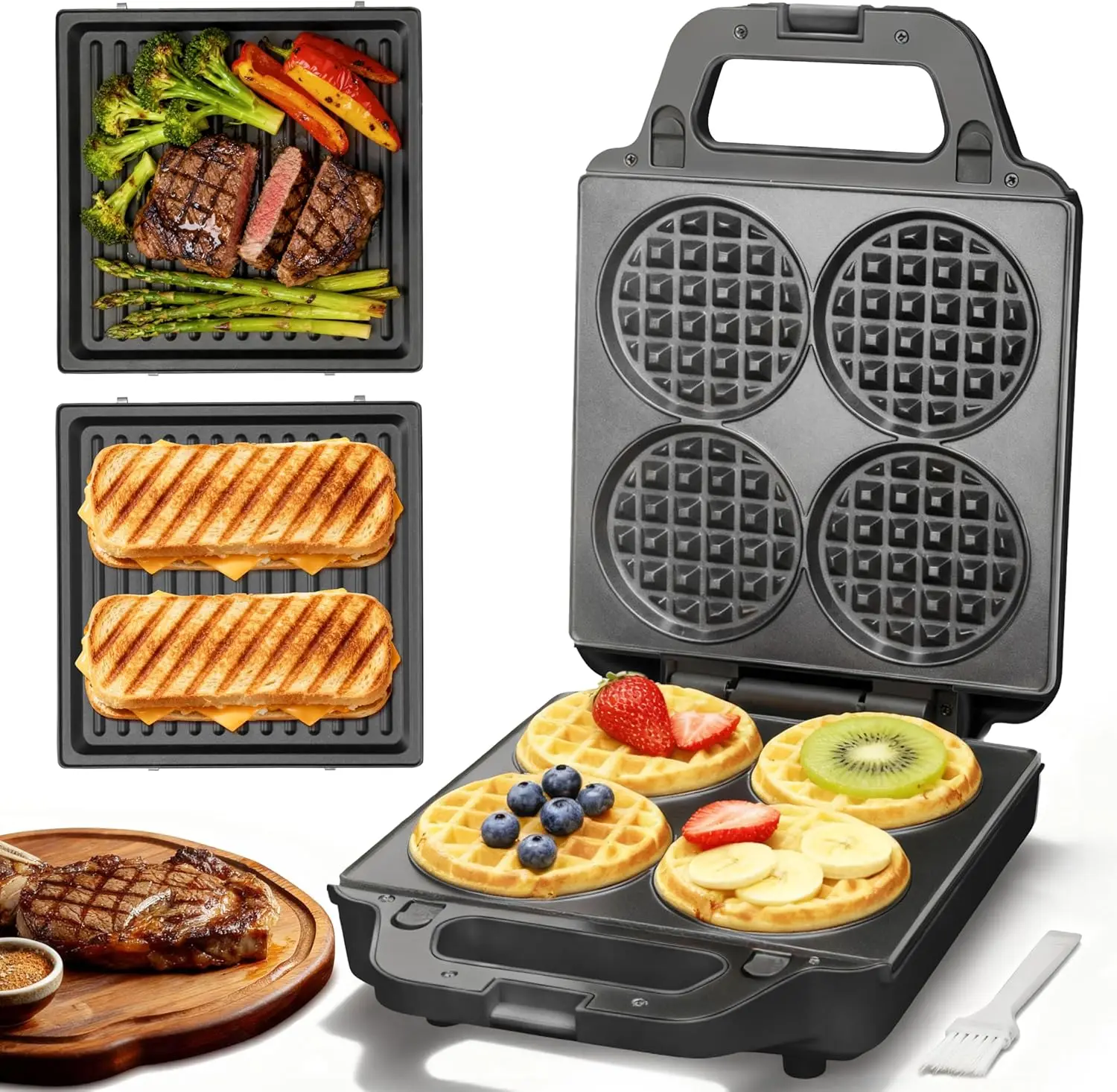 

2 in 1 Mini Waffle Maker with Removable Plates, Panini Press Sandwich Maker, Sandwich Press, Waflera Electrica, Sandwichera