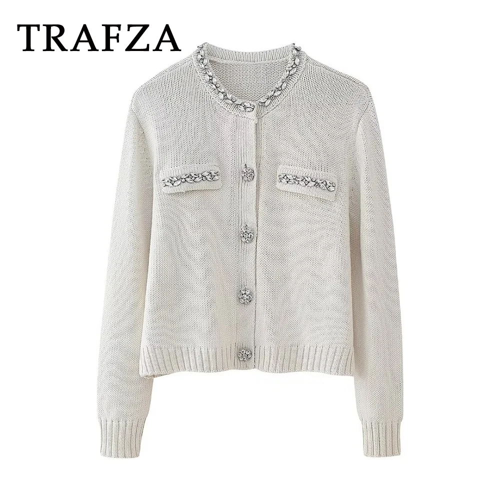 TRAFZA 2024 Women Spring Summer Casual Knitted Sweater Single Breasted Pearl Cardigan O-Neck Fashion Vintage Women Sweaters