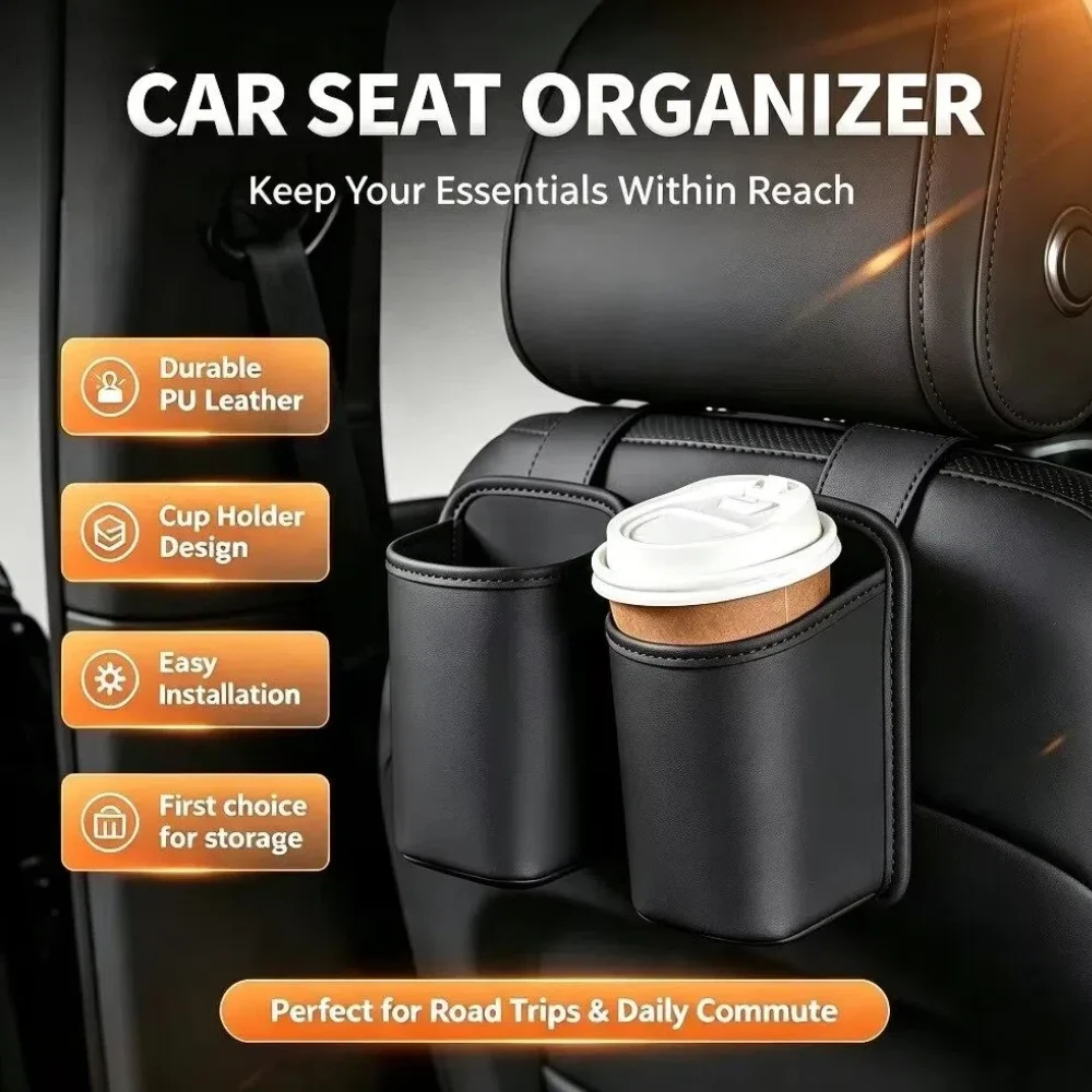 Car Seat Back Organizer Cup Holder Hanging Drink Holder Waterproof PU Leather Trash Bin Umbrella Storage Rear Seat Accessories