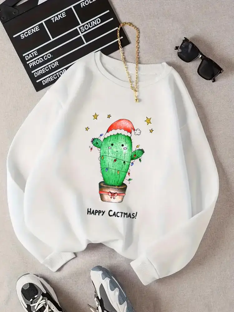 

Пуловеры с рождественским и новогодним принтом, модная одежда с круглым вырезом, трендовые праздничные Женские флисовые свитшоты с графическим рисунком кактуса и растений