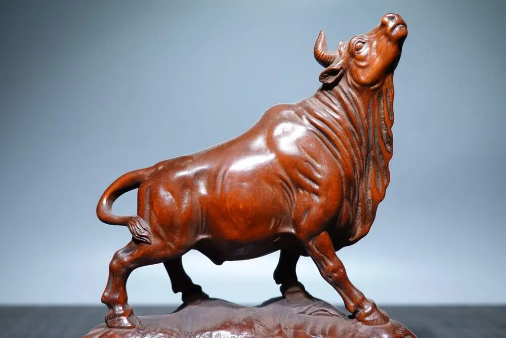 old boxwood carving home fengshui decor good fortune bull ox statue 15cm