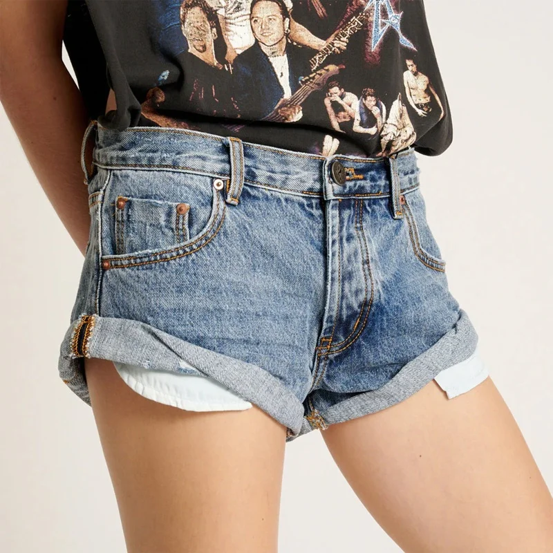Mulheres cor sólida denim shorts quentes bonito botão para baixo cintura baixa jeans curtos roupa de verão shorts de carga com bolsos