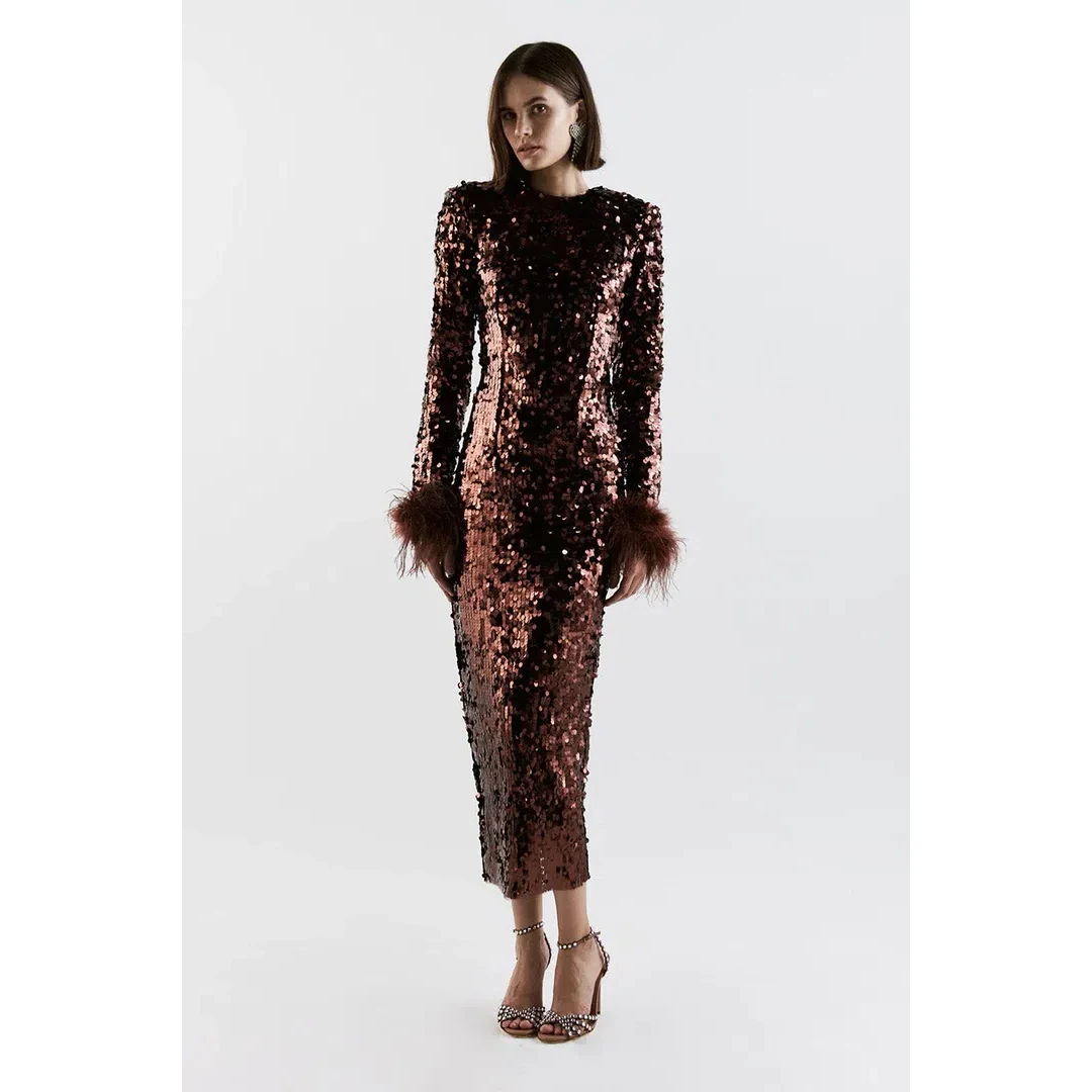 

Women's Dress Elegant Celebrity Party Sequin Cuff Feather Retro Slim Long-Sleeve Long Dress Fashion Evening Party Dress