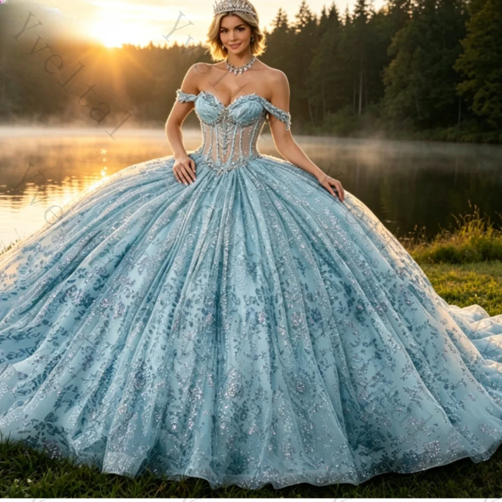 Customized Dignified Graceful Blue Quinceanera Dresses Exquisite Appliques Lace Crystals Beading Corset Vestidos Ball Gown