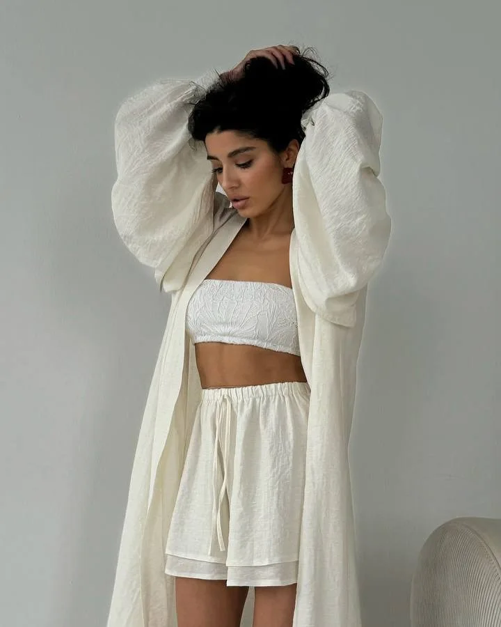 طقم شورت مكون من قطعتين سترة صوفية عصرية بأكمام واسعة + شورت واسع الساق طقم كاجوال معاطف أنيقة بأكمام كاملة