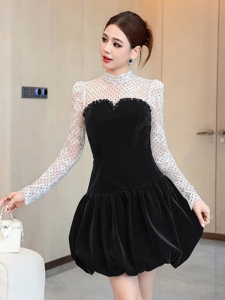 Fake 2-Piece Retro Black Women Street Clothes Velvet Lace Dot Slim Mini Short Dress Elegant Lady Fashion Party Prom Vestidos New