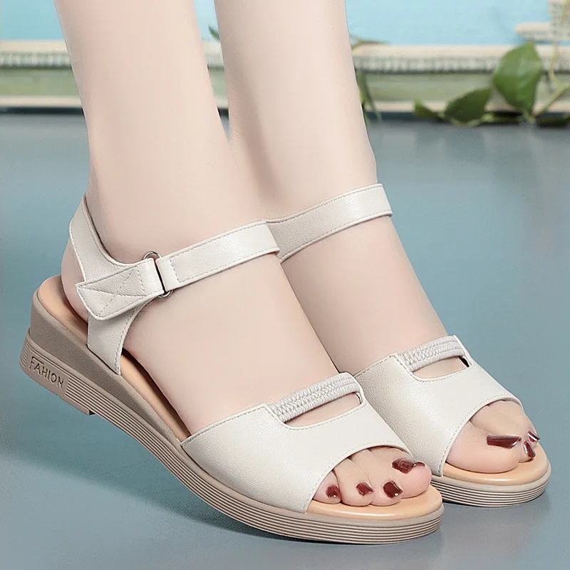 Summer Soft Leather Women Sandals Fashion Wedges Soft Bottom Comfortable Casual Mother Shoes Open toe Anti-slip Sandals