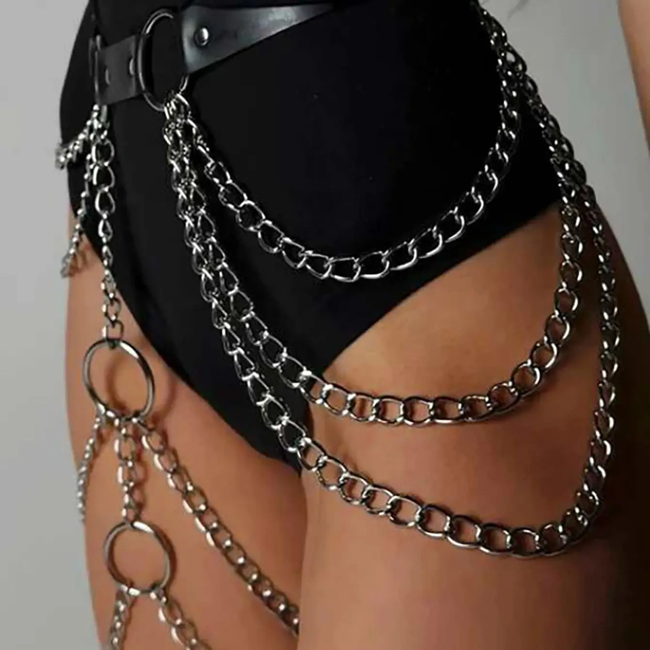 Ladies Black Leather Chain Decorative Strap Adjustable Body Tight Strap Daily BDSM Couple Gothic Punk Style Clothing Accessories