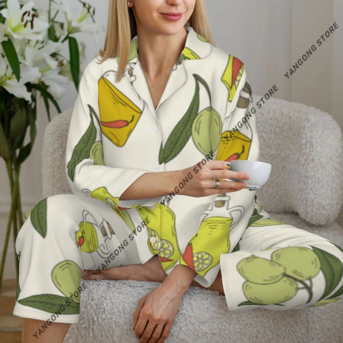 

Весенне-осенний пижамный комплект, женские брюки с длинными рукавами, комплект из двух предметов: ветки оливкового дерева и оливки, комплект для домашнего интерьера