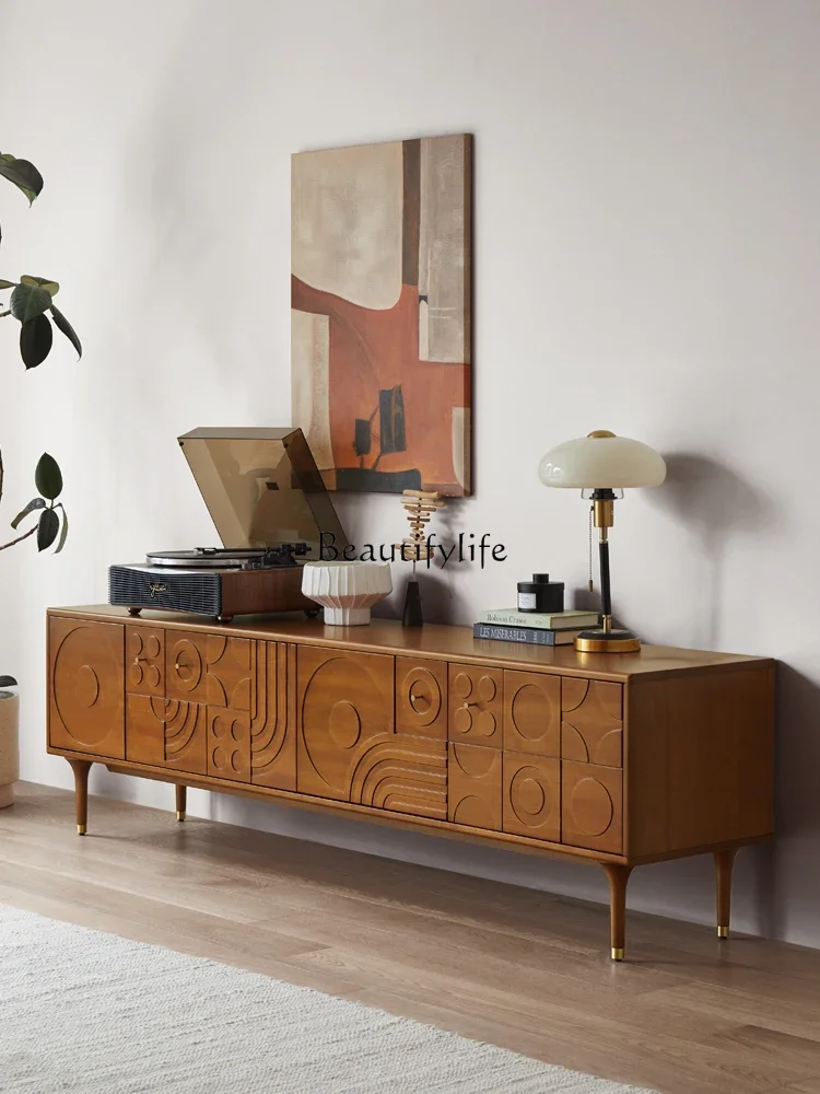 

Nordic retro TV cabinet modern light luxury small apartment living room boxwood carving flower medieval TV cabinet