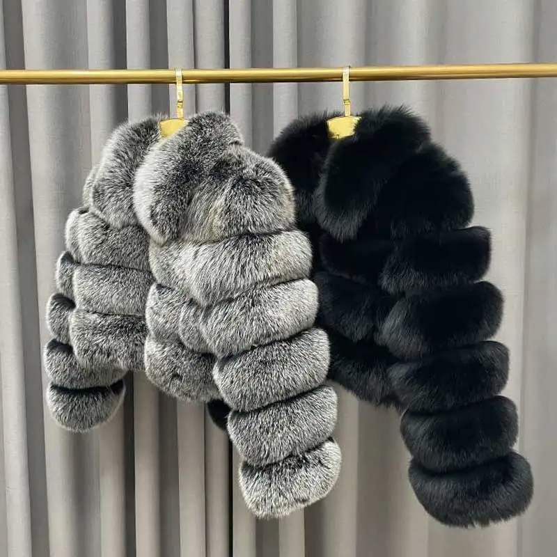 Winter Ladies Cropped Fur Coats Casual Fashion Square Neck Long Sleeves High Quality Real Fox Fur Jacket