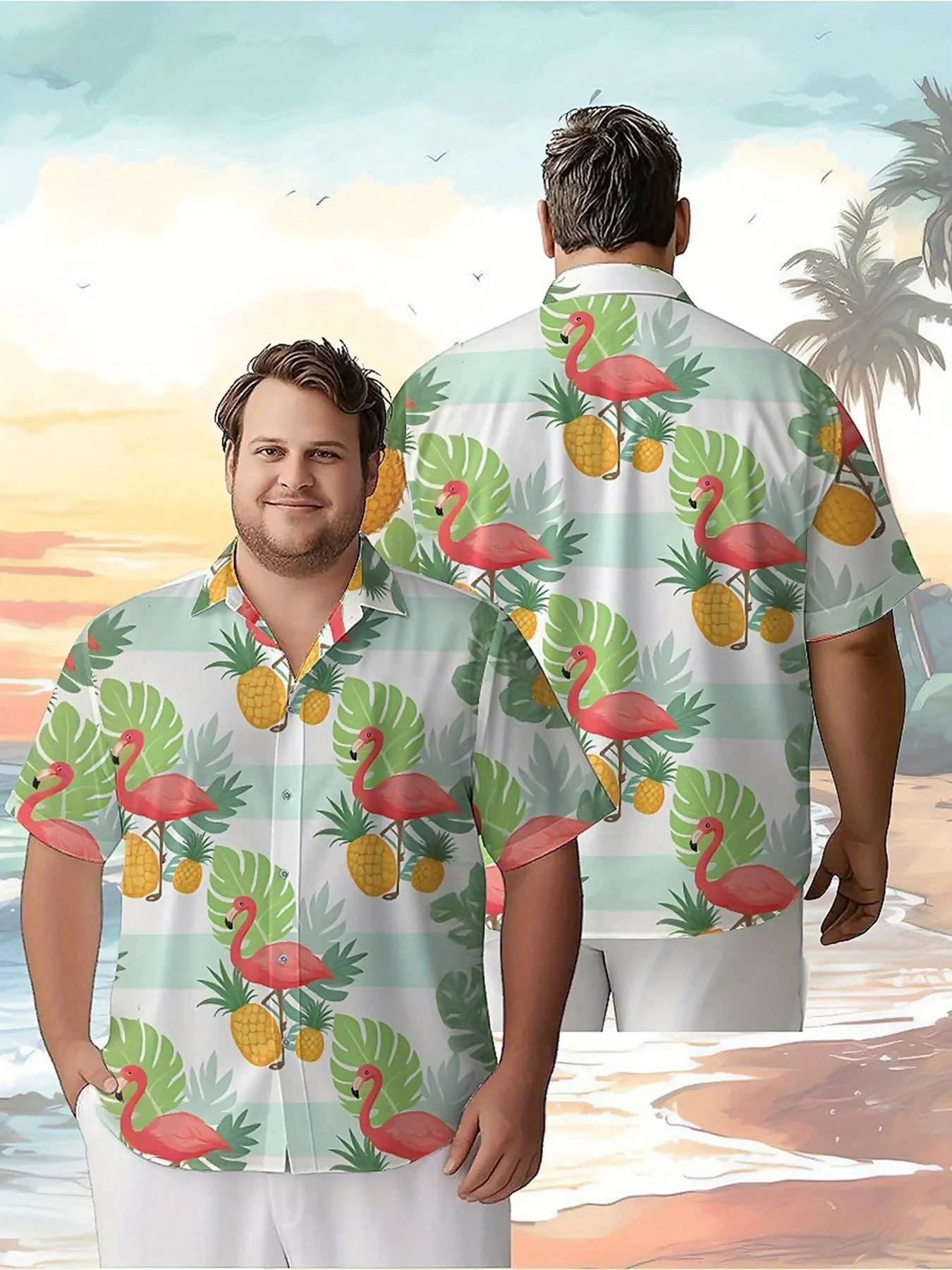 

Men's Plus Size Hawaiian Shirts Pink Flamingo and Pineapple Pineapple Fruit Pattern,Unisex Baggy Aloha Shirts,summer Clothing