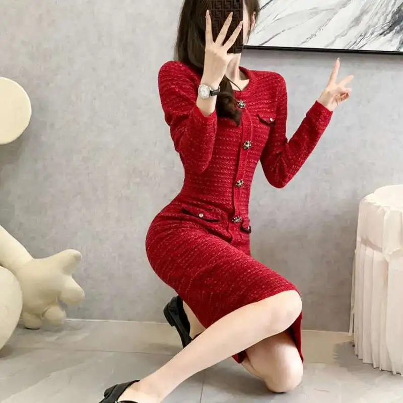 #0908 Autumn Winter Red Office Sweater Dress Women Round Neck Buttons Knitted Dress Female Elegant Stretch Vestidos Knee-length