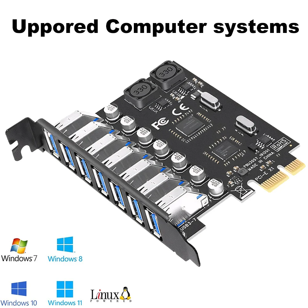 7 Ports USB 3.0 PCI-E Erweiterungskartenadapter 5 Gbit/s PCI Express Connector Externer Controller für Windows 11/10/8/7/XP/Linux