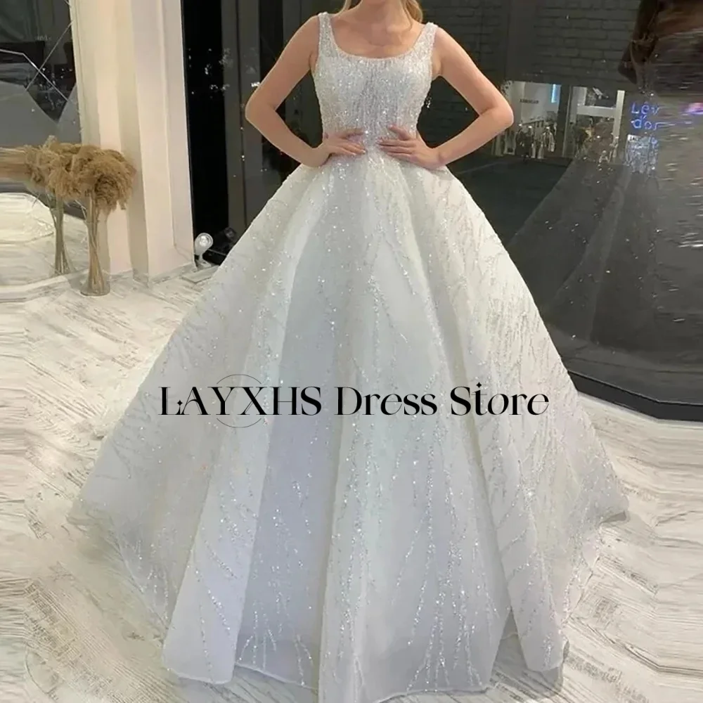 

LAYXHS Luxury Square Neck Wedding Dresses A-Line Shiny Beaded Backless Pleat Bridal Gowns Customized vestidos de novia