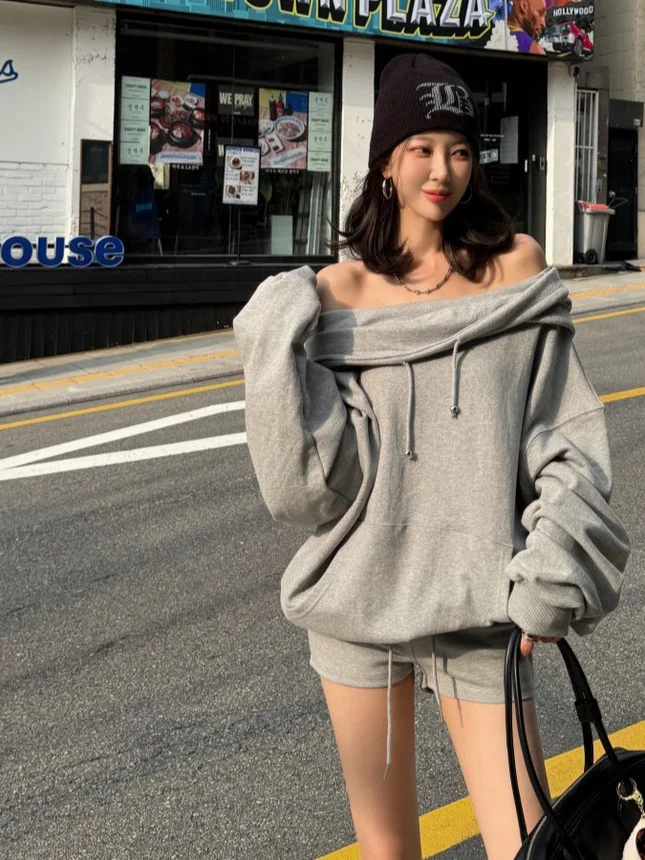 

Faionable корейская толстовка с капюшоном на шнурке, свободный крой, женский топ, утягивающие брюки, комплект из двух предметов, осенне-зимняя женская одежда