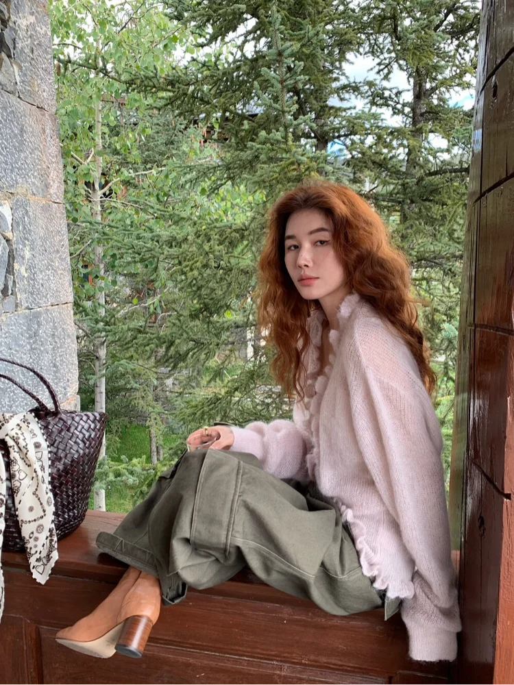 

Solid Ruffled V-neck Knitted Cardigan Women Casual Elegant Long Sleeved Slim Swearter 2025 Lady Autumn Daily Commuting Kintwear