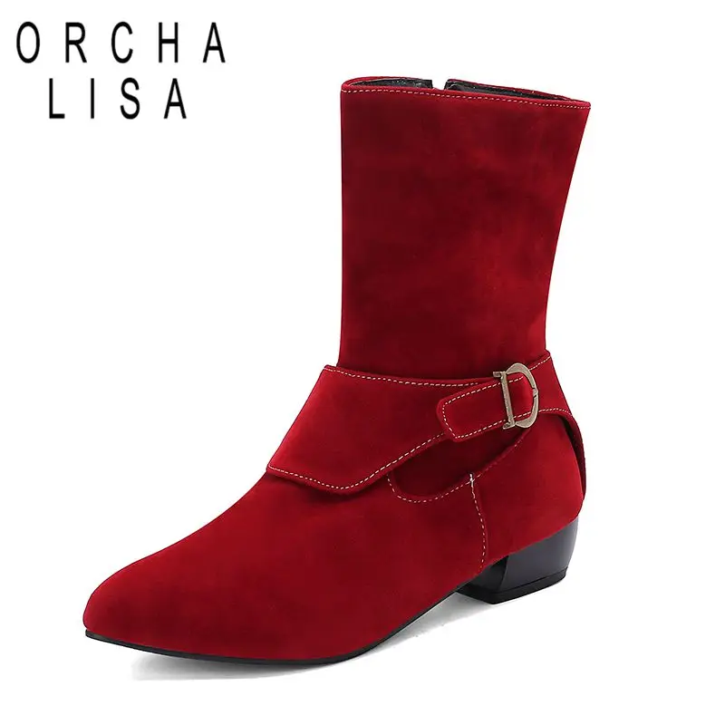 

ORCHA LISA Замшевые женские сапоги до середины икры из флока с острым носком толщиной 3 см, на молнии, с пряжками на ремне, большие размеры 46 47 48 Green Daily Bota