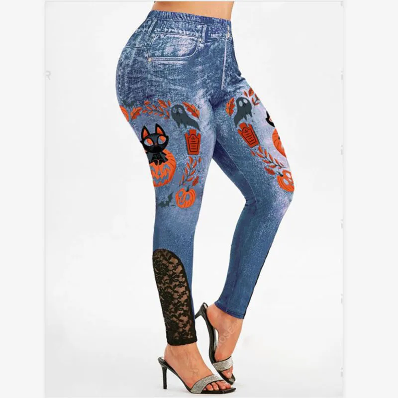 

New Fashion Halloween Lace Patchwork Leggings Women High Waist Pumpkin Bat Cats Print Fitness Gym Fake Jean Pants Blue Leggins