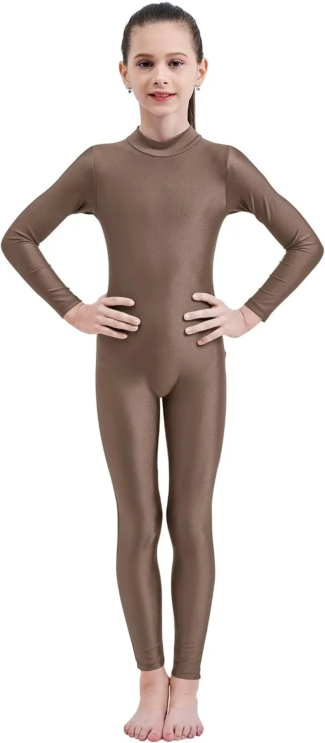 Maillot de una pieza de manga larga con cuello alto y cremallera para niñas, color marrón.