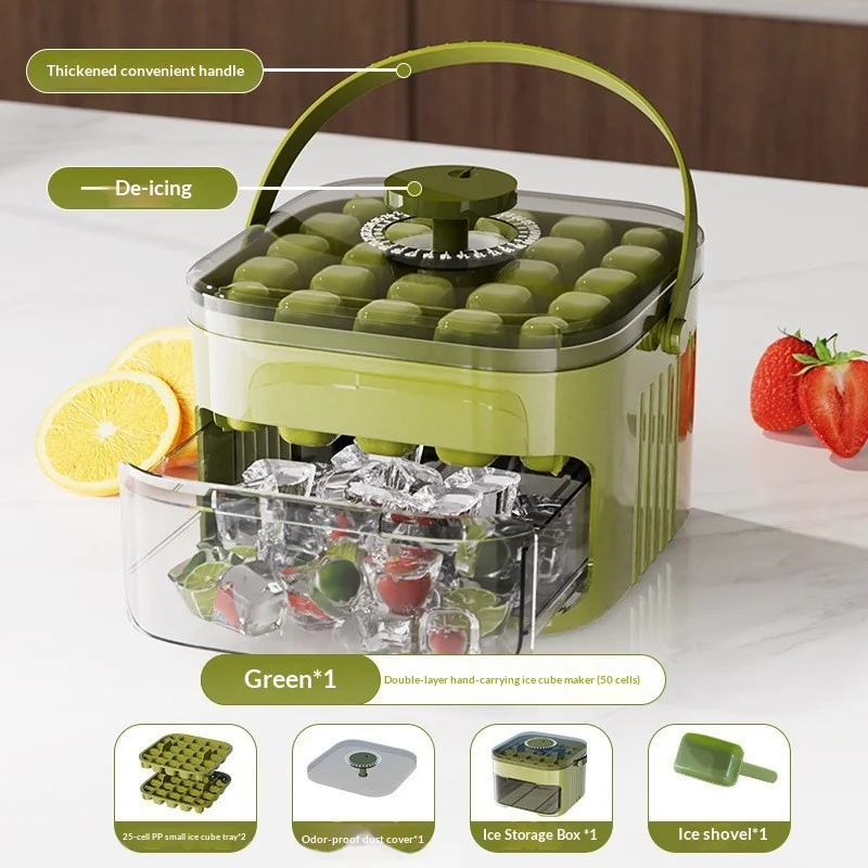 Bandeja de Hielo de Doble Capa con Tapa y Contenedor, Cajón de Hielo Extraíble con Asa Portátil, Accesorios de Cocina Compactos