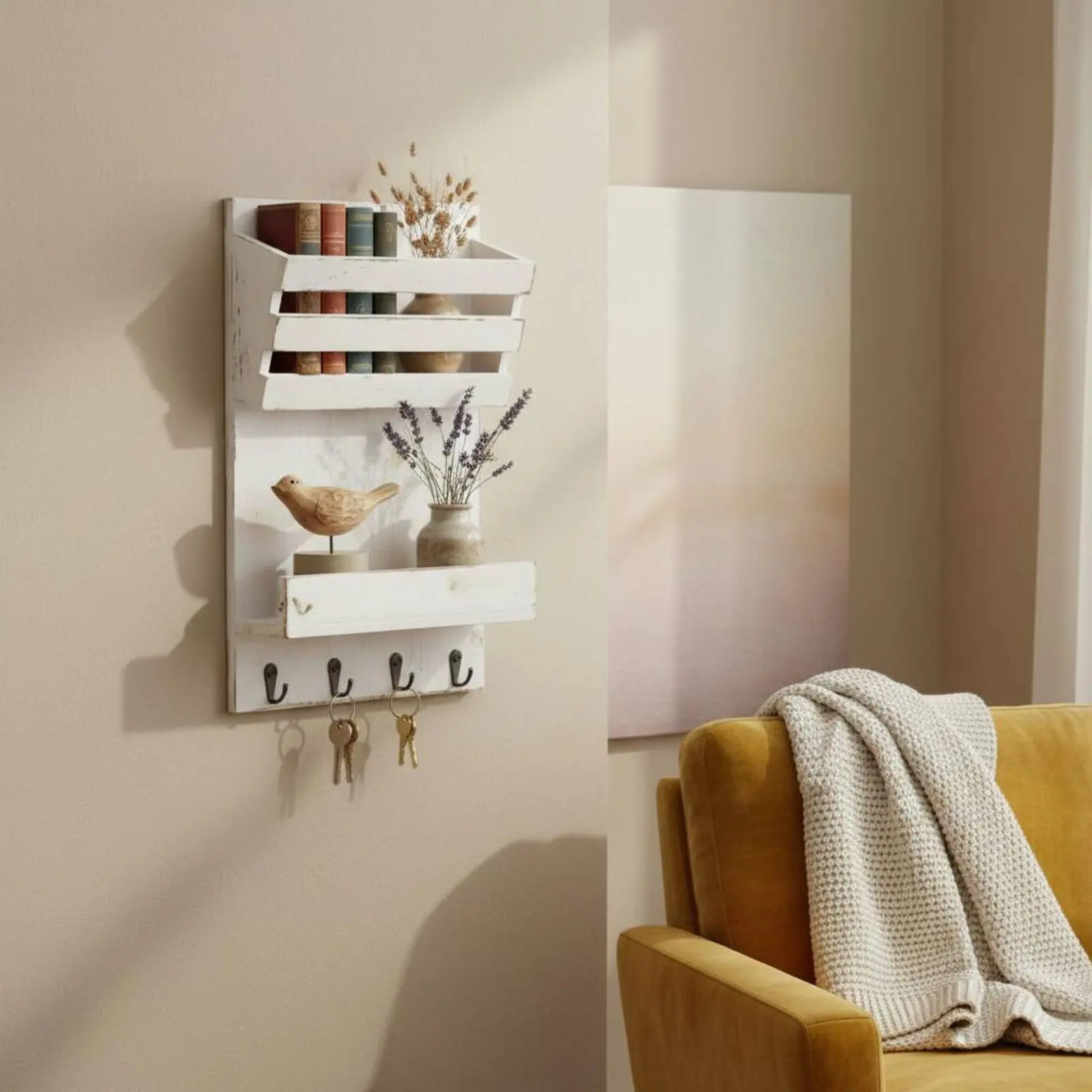 

Wooden Wall Mail Holder Multi Functional Mail Holder with Hooks Wood Wall Shelf Decorative Entryway Organizer Easy to Install