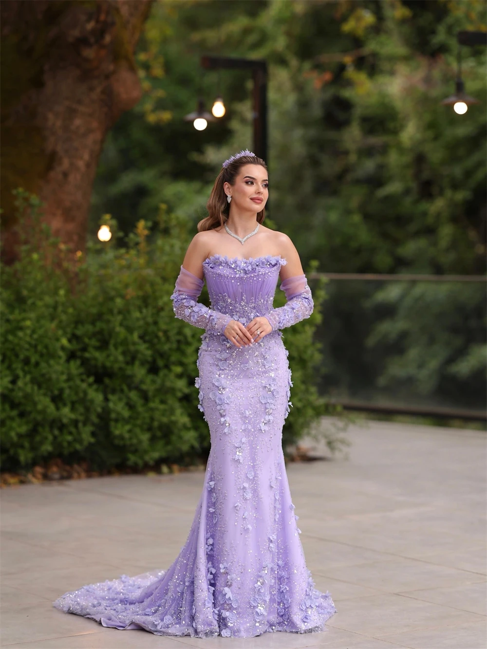 

Customized Classic Purple Organza Evening Dress Elegant Strapless Sleeveless Homecoming Dress Sexy Mermaid Appliques Prom Dress