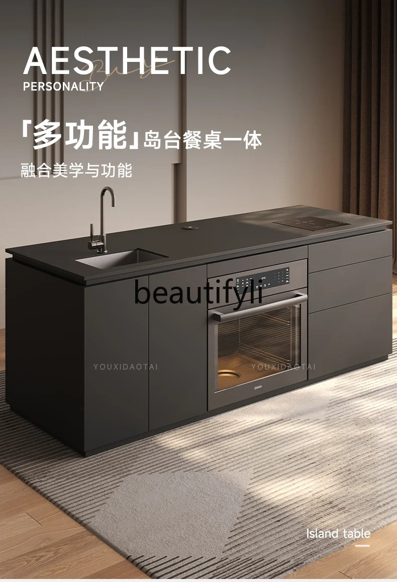 

01A Rock slab island bar table dining table integrated Italian minimalist flush mid-guide table open kitchen