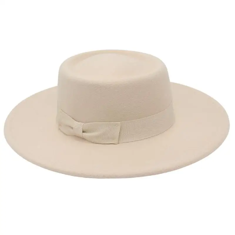 New British-style circular concave - with brim bow tie, fashionable flat-top woolen hat for men and w