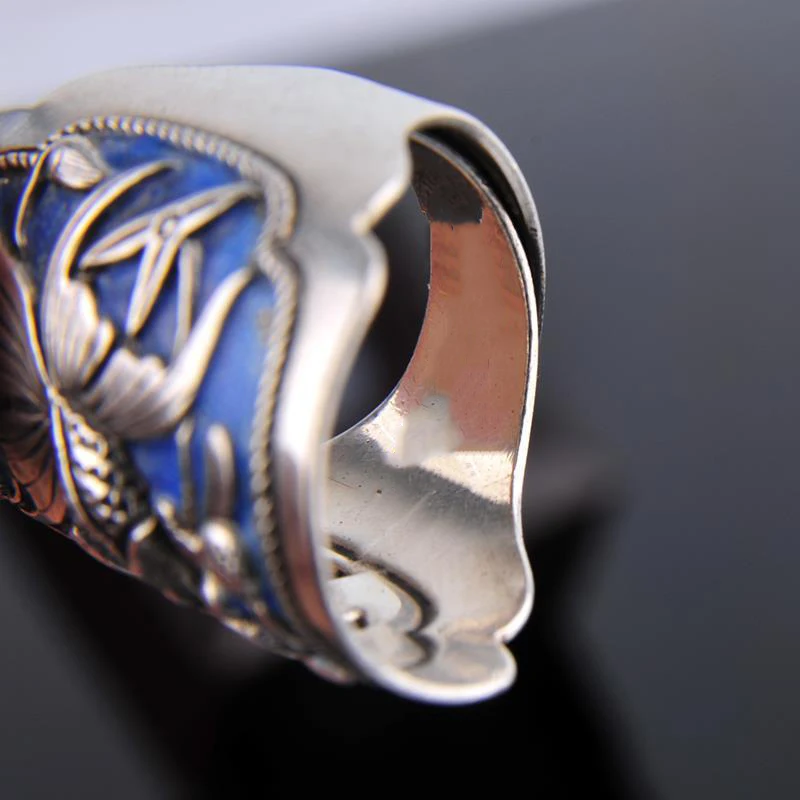 Goldfish Lotus flower 925 Thai Silver Wide style rings for women Vintage Couple Enamel Blue Adjustable opening Banquet Jewelry